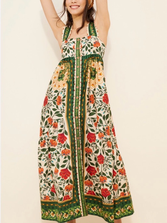 FARM Rio Dresses & Skirts - FARM Rio Cream Floral Maxi Dress with Green, Red and Orange Print